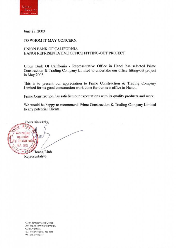 Union Bank of California Hanoi Reference Letter